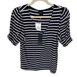 W5 Women's NWT Size L Black Off White Striped Short Sleeve Shirt Ruched Sleeve